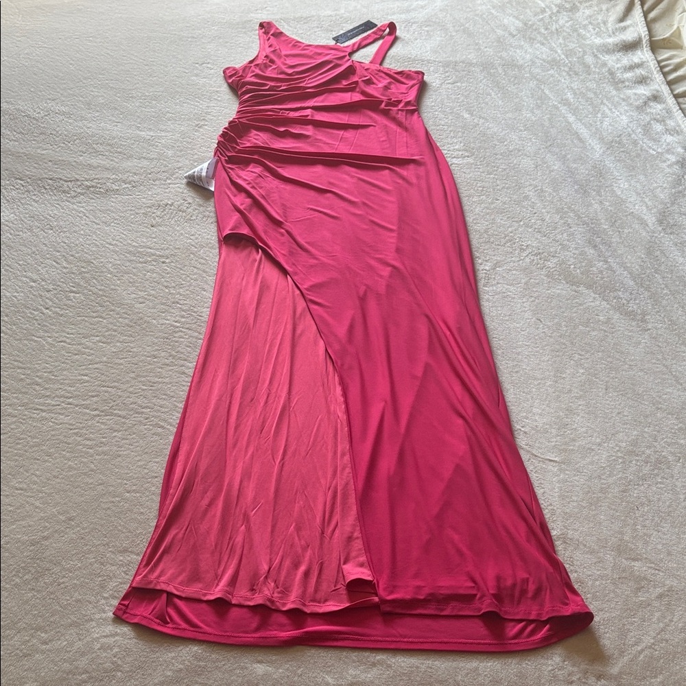 BCBGMaxAzria Raspberry Asymmetrical Ruched Slit Gown Dress - Picture 3 of 8